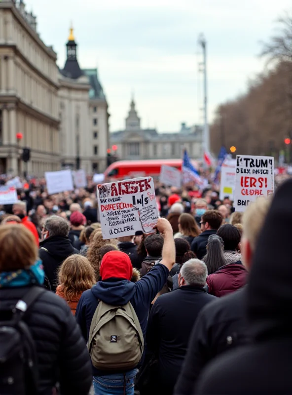 A protest in London against Donald Trump's visit. People are holding signs with anti-Trump slogans. The scene is crowded with protesters, and iconic London landmarks are visible in the background.