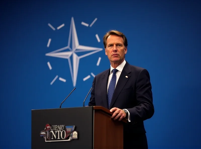 Mark Rutte, the NATO chief, giving a press conference. He is standing at a podium with the NATO logo in the background. He appears serious and focused as he addresses the media.