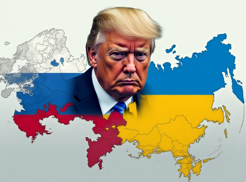 Illustration of a divided map of Ukraine, with one side colored in Russian flag colors and the other in Ukrainian flag colors, with Donald Trump's face looming over the map.