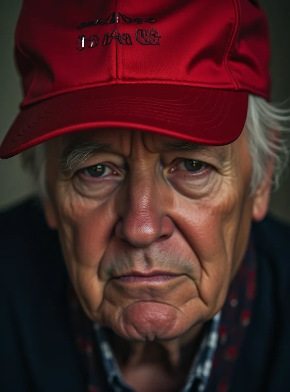 A close-up portrait of a person with a pained expression on their face, looking downcast. They are wearing a MAGA hat that is slightly crumpled. The background is blurred.