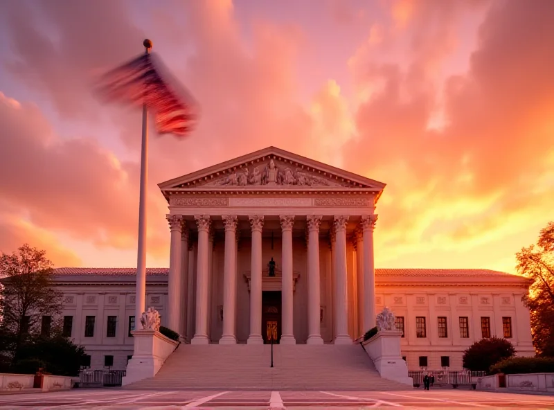 An image of the United States Supreme Court building, bathed in the golden light of sunset. The American flag is prominently displayed in front of the building.