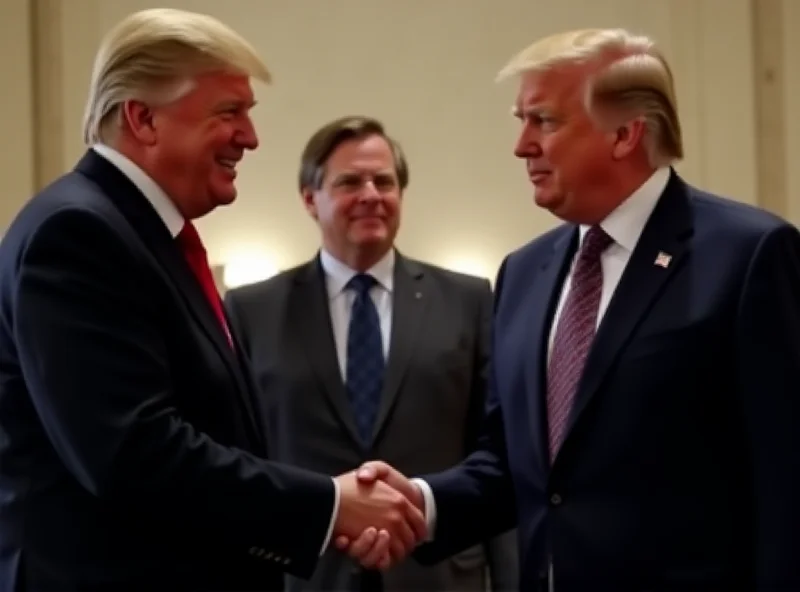 Donald Trump and Volodymyr Zelensky shaking hands in a formal setting, with Vance standing nearby observing.