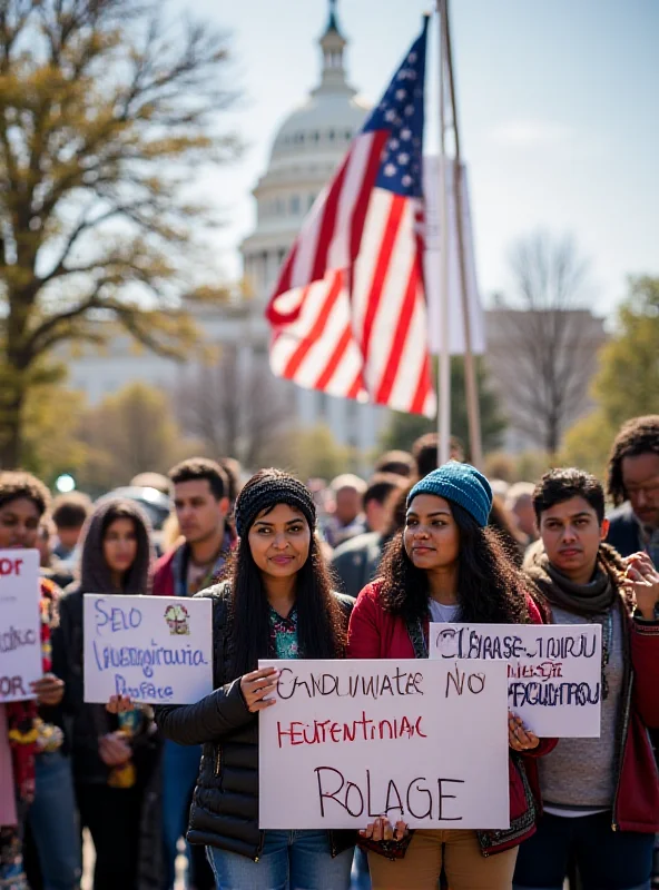 A group of diverse immigrants standing together holding signs protesting the end of humanitarian parole, with the US flag in the background.