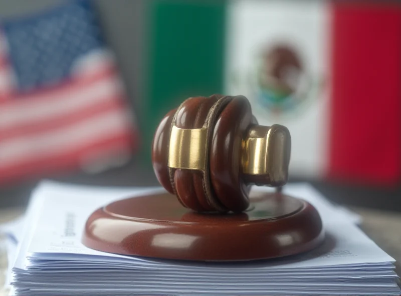 A gavel resting on a stack of legal documents with the flags of the United States and Mexico blurred in the background, symbolizing legal cooperation between the two countries.