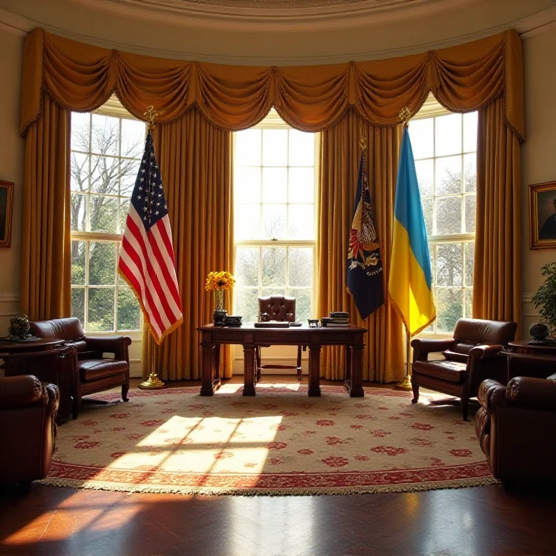 The Oval Office in the White House with American and Ukrainian flags.