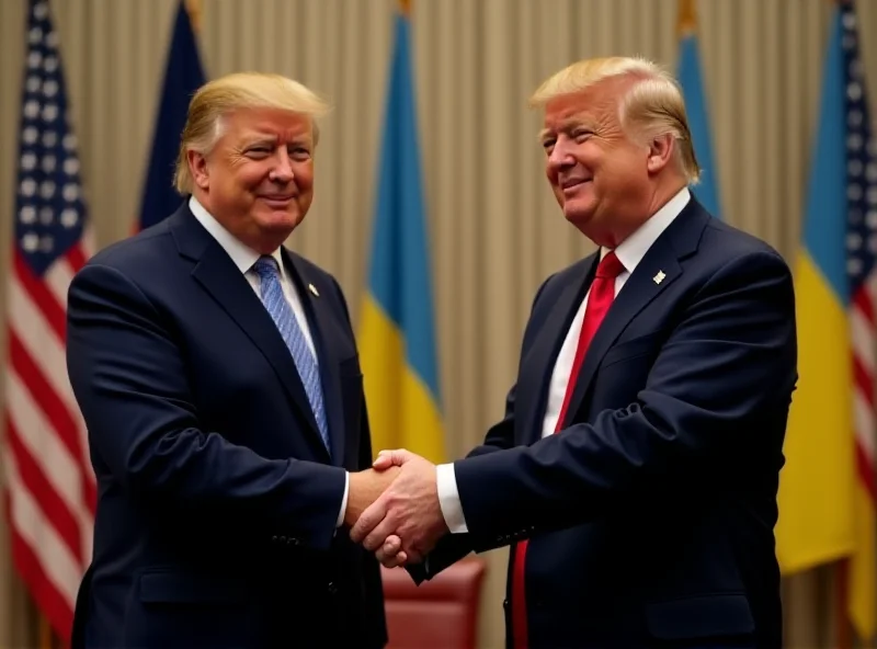 Donald Trump and Volodymyr Zelensky shaking hands in a formal setting.