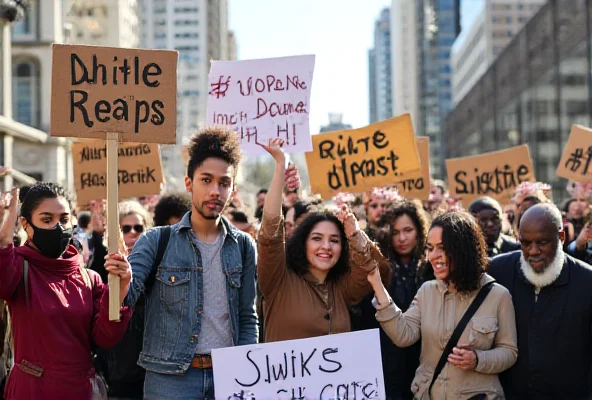 Protesters holding signs at a demonstration