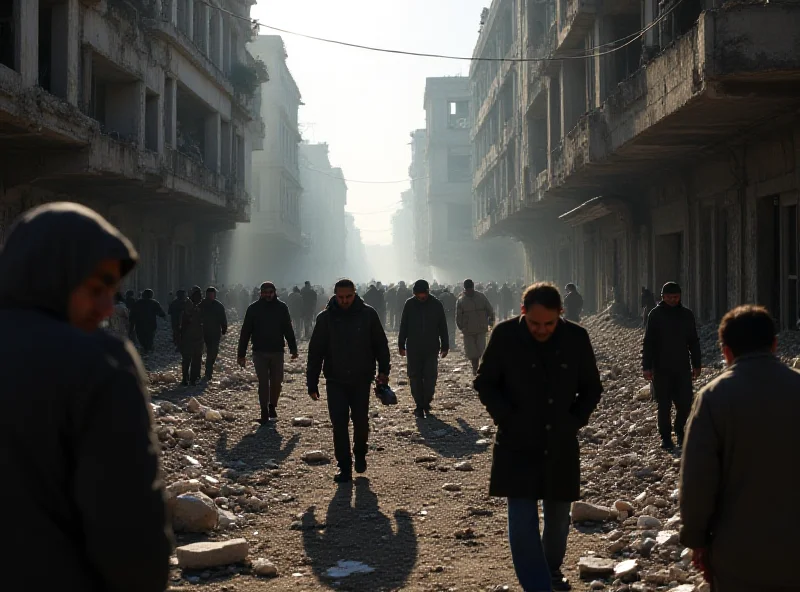 Image of a crowded Gaza street with people searching for food amidst rubble