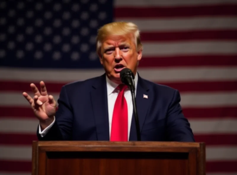 Donald Trump delivering a speech, stern expression, American flag background