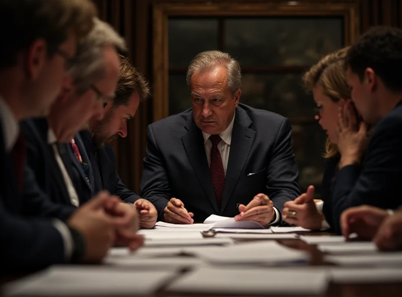 A group of town hall leaders looking concerned, sitting at a table with documents scattered around. The atmosphere is tense and somber, suggesting a disagreement or crisis.