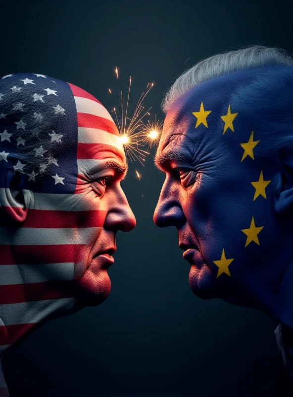 A symbolic image representing trade war between the US and Europe, with flags and tariff signs