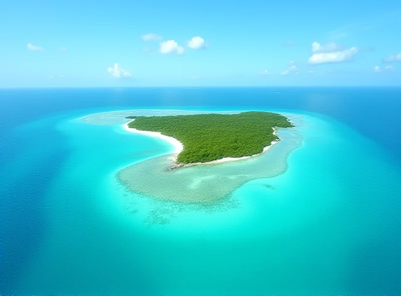 Aerial view of the Chagos Islands, a tropical archipelago with turquoise waters and lush green islands.