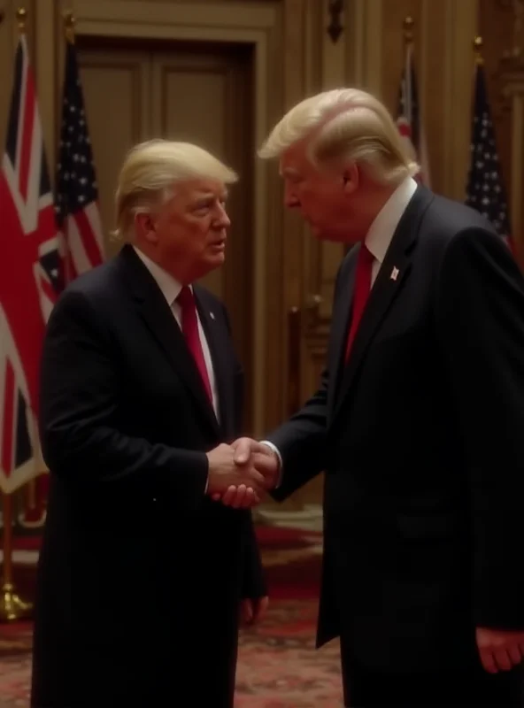 King Charles III shaking hands with Donald Trump in a formal setting with British and American flags in the background