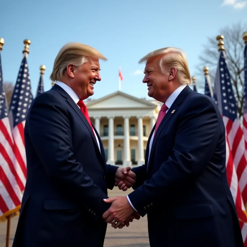 Keir Starmer and Donald Trump standing together at the White House, smiling and shaking hands in front of American flags