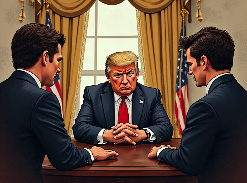 Illustration of a tense meeting in the Oval Office, with Trump, Zelensky, and Vance looking serious