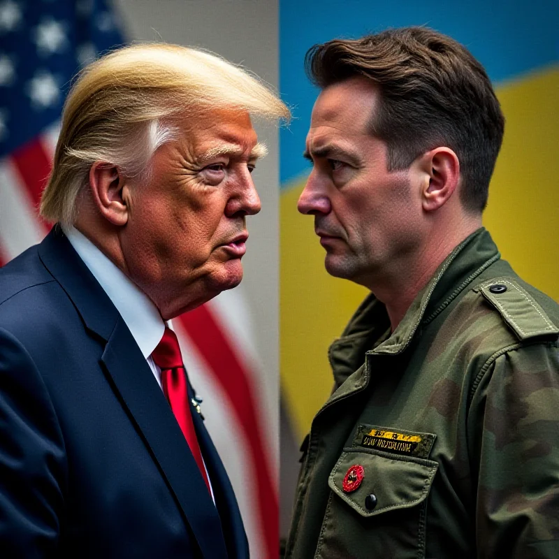 Split image: Donald Trump on one side, Volodymyr Zelensky on the other, both looking determined, with a faded American and Ukrainian flag in the background