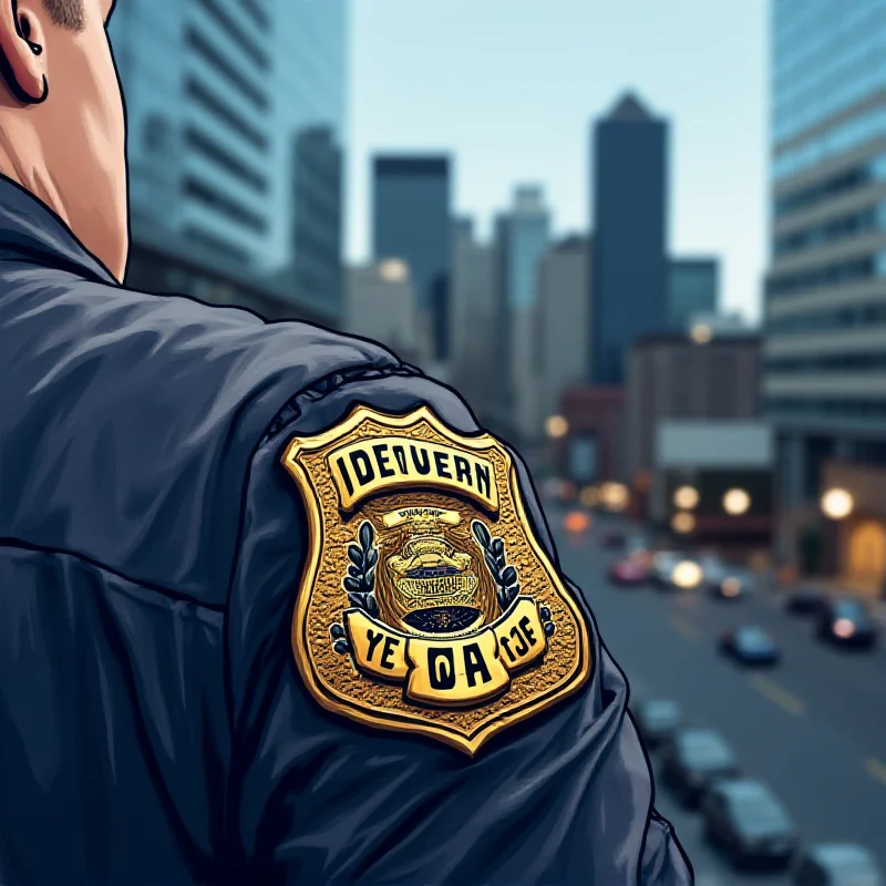 Illustration of an ICE agent badge against a blurry background of Denver city.