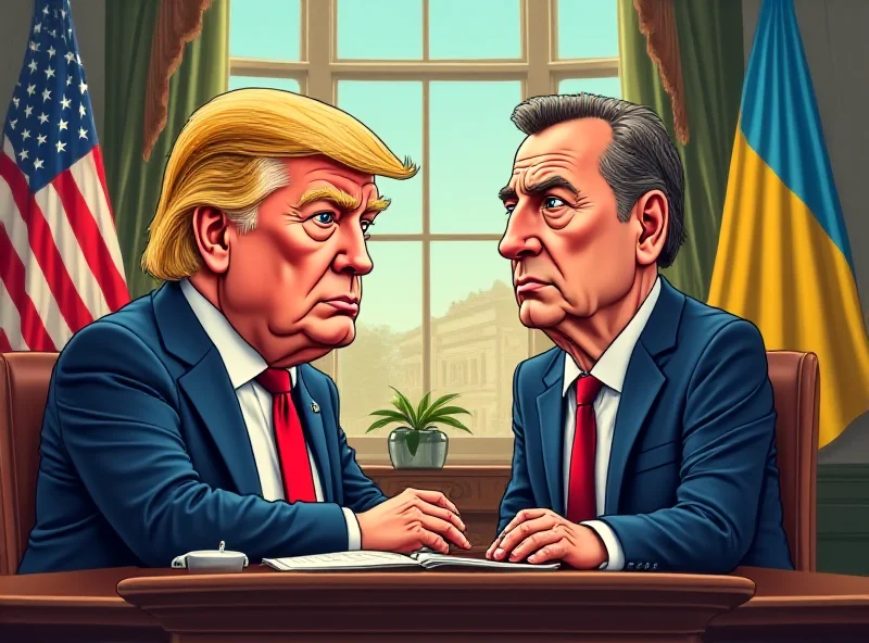 Illustration of Trump and Zelensky in a tense meeting with flags of US and Ukraine behind them.