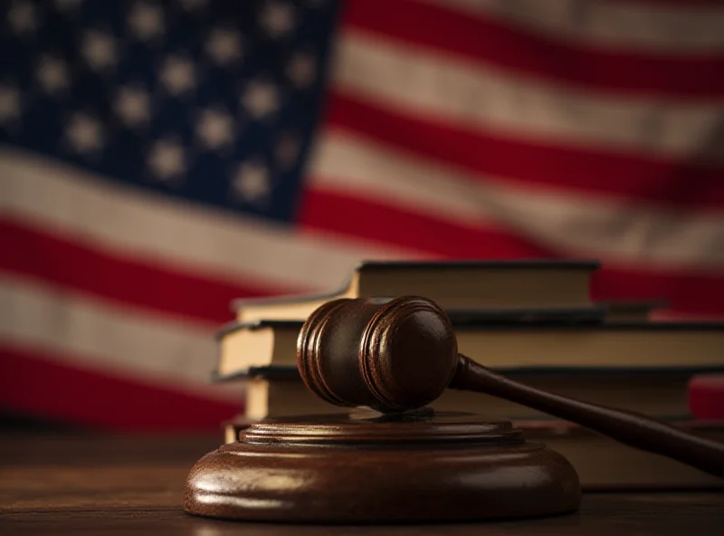 A gavel resting on a stack of law books with the American flag blurred in the background.