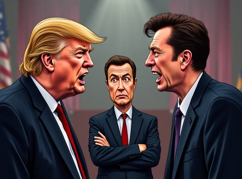 Illustration of Trump and Zelensky arguing, with a concerned Elon Musk looking on from the side.