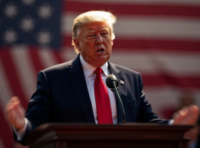 Donald Trump speaking at a podium with an American flag in the background.