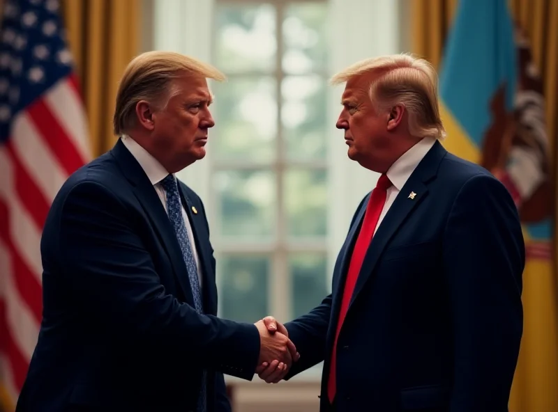 Illustration of Donald Trump and Volodymyr Zelensky shaking hands against a backdrop of the American and Ukrainian flags.