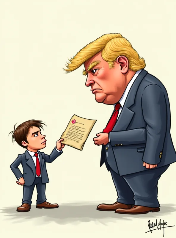 A cartoon depicting Zelensky handing a letter to Trump, who looks unimpressed.