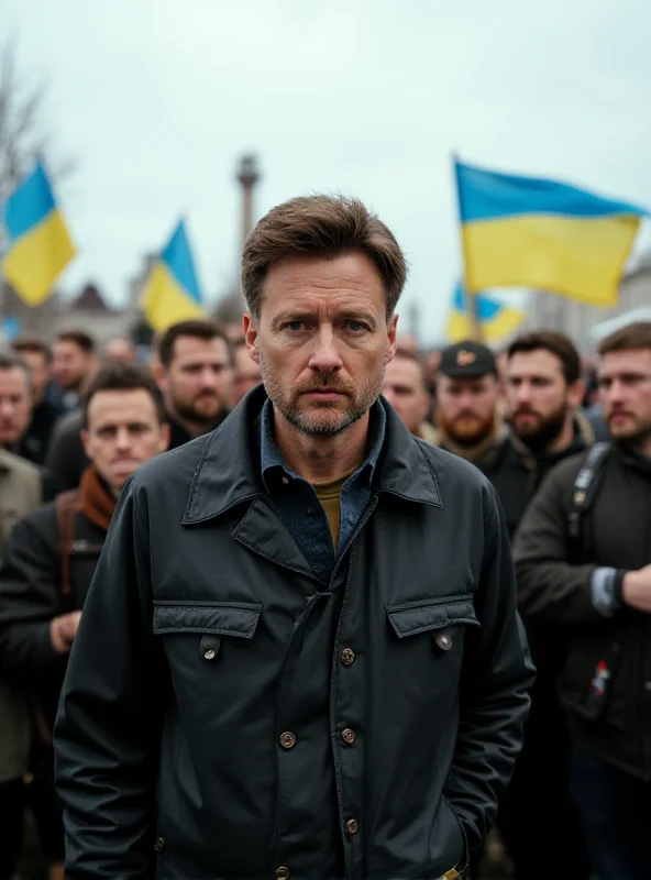 Volodymyr Zelensky addressing a crowd, with Ukrainian flags visible.