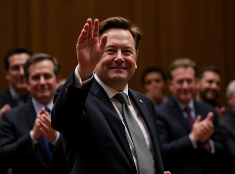 Elon Musk standing in front of the US Congress, smiling as he receives applause.