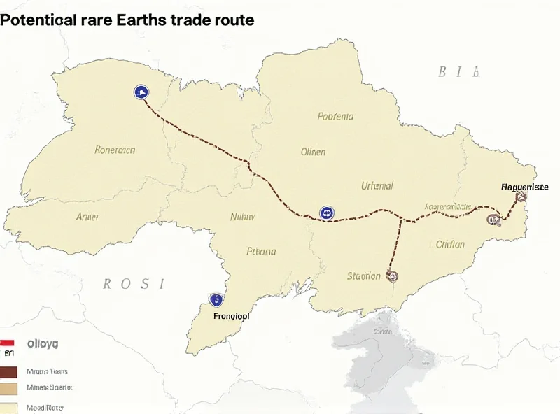 A map highlighting the regions of Ukraine known for rare earth mineral deposits, with a dotted line indicating a potential trade route to the United States.