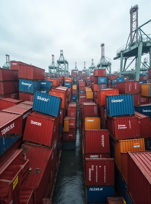 Shipping containers representing international trade and tariffs.