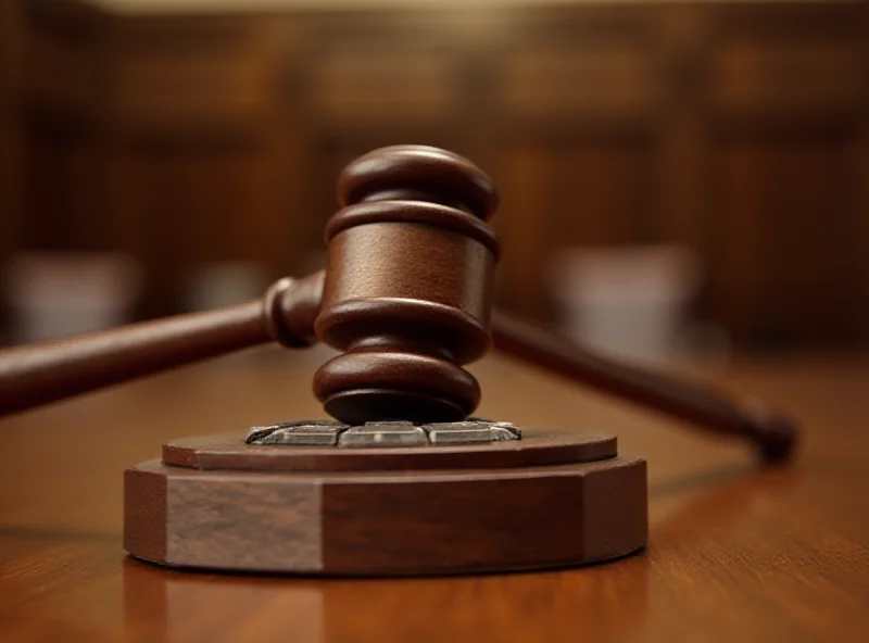 A gavel striking a sound block in a courtroom setting.