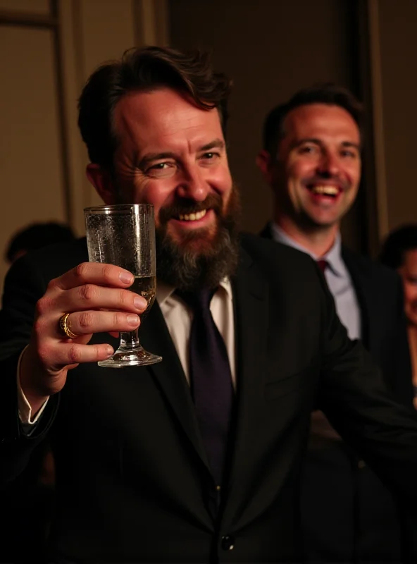 Matteo Salvini raising a glass of vodka in a toast. He is smiling broadly and wearing a suit. Maria Elisabetta Alberti Casellati is standing next to him, also smiling. A dimly lit room with other people in the background suggests a party atmosphere.