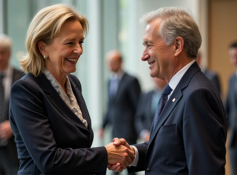 A split image showing Ursula von der Leyen on the left and Giorgia Meloni on the right. They are both smiling and shaking hands, suggesting a positive working relationship. The background is blurred, focusing attention on their interaction.