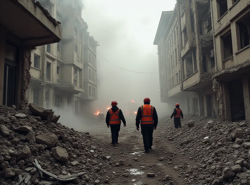 Scene of destruction in Kramatorsk after a Russian attack, showing damaged buildings and rescue workers.