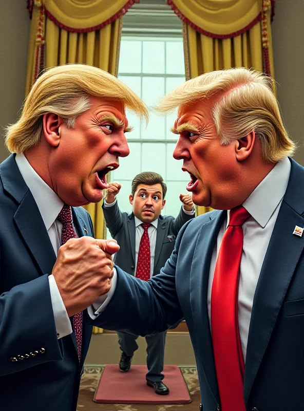 Cartoon depiction of Trump and Zelensky arguing in the Oval Office, with Vance looking on in shock.