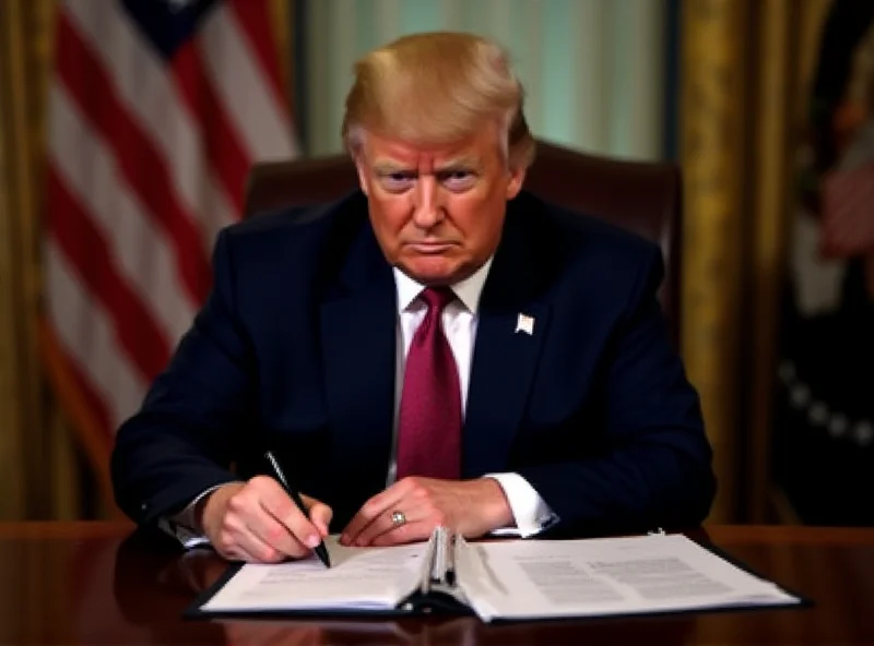 Donald Trump signing a document at a desk, with the American flag in the background.