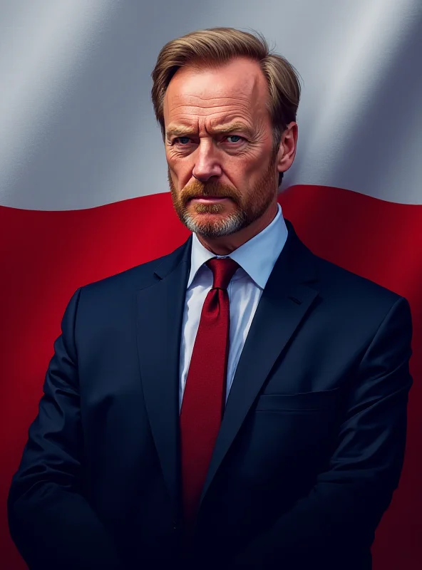 A digital illustration of Donald Tusk, the Polish Prime Minister, standing in front of the European Union flag, looking determined and resolute.