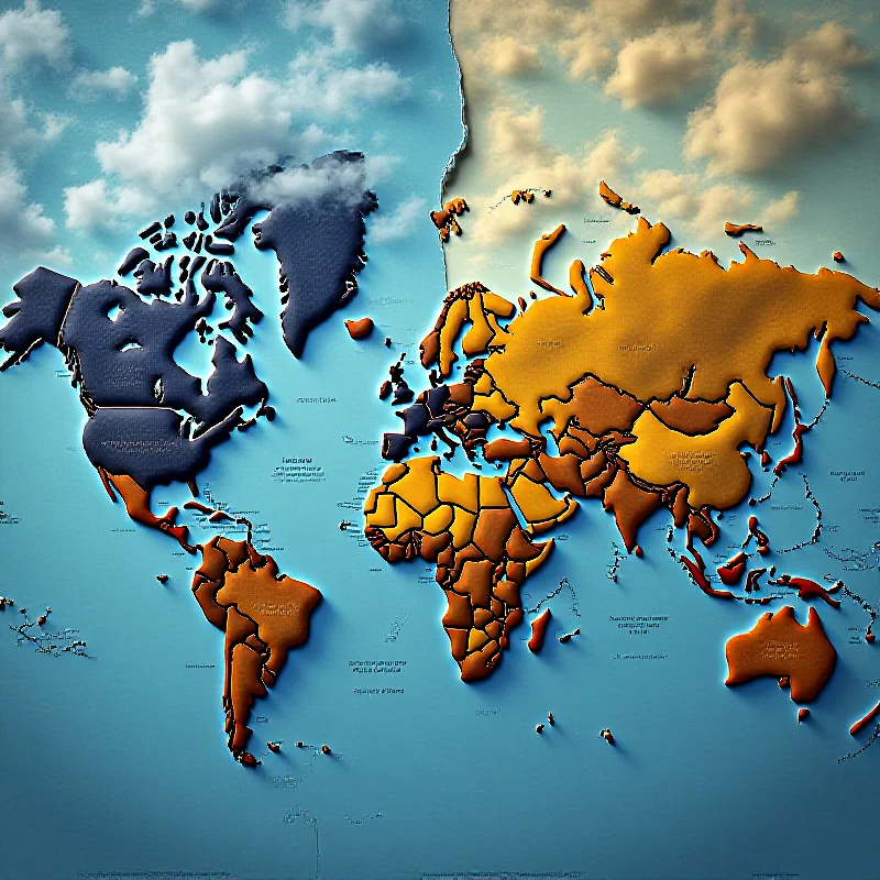 A divided world map, with the United States and Ukraine on one side, appearing to be in conflict, and the European Union on the other side, appearing defensive.