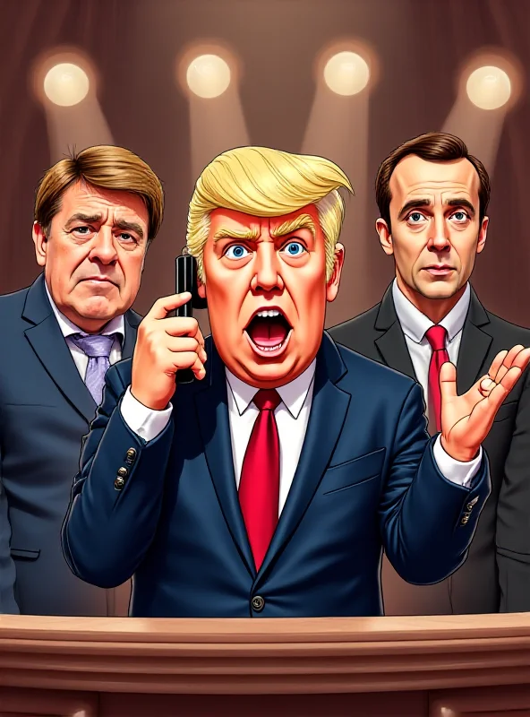 A cartoon illustration of Maurizio Crozza dressed as Donald Trump, making a comical gesture with a phone in his hand, surrounded by caricatures of Macron, Von Der Leyen, and Gentiloni looking bewildered.