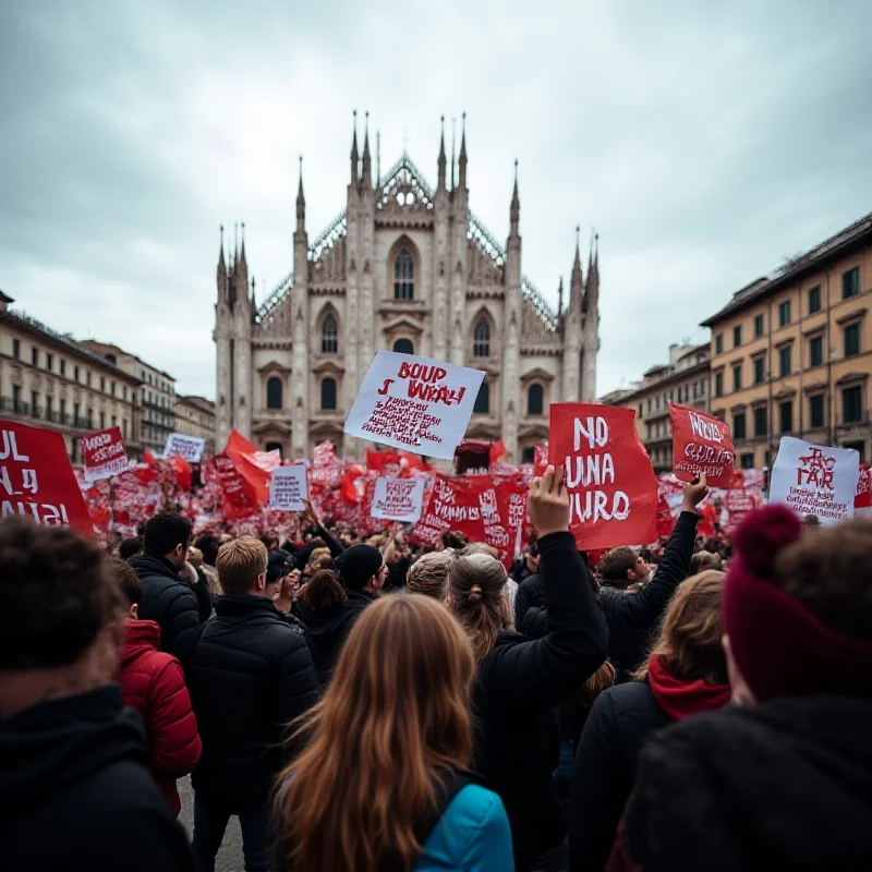 A photograph of a flash mob in Piazza Duomo, Milan, with numerous activists holding signs and banners advocating for women's rights and gender equality. The Milan Cathedral is visible in the background.