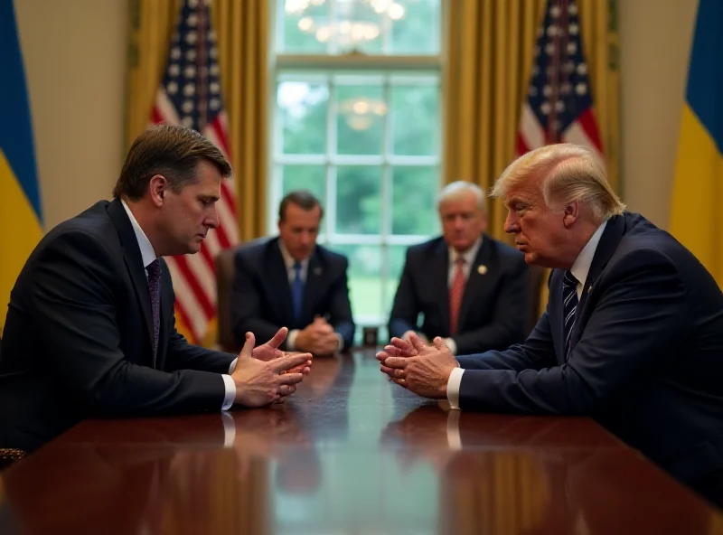 Donald Trump and Volodymyr Zelenskyy sitting at a long table in the Oval Office, looking tense and engaged in a heated discussion.