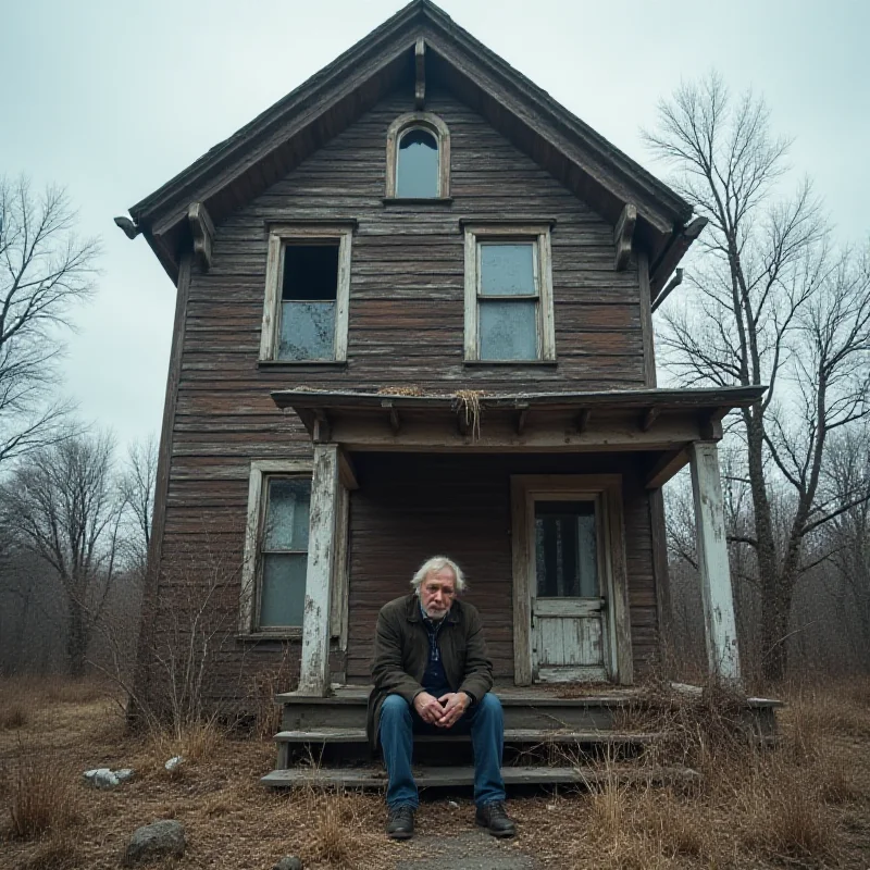 A distressed man sitting on the steps of a dilapidated house in a deindustrialized town, looking forlorn.