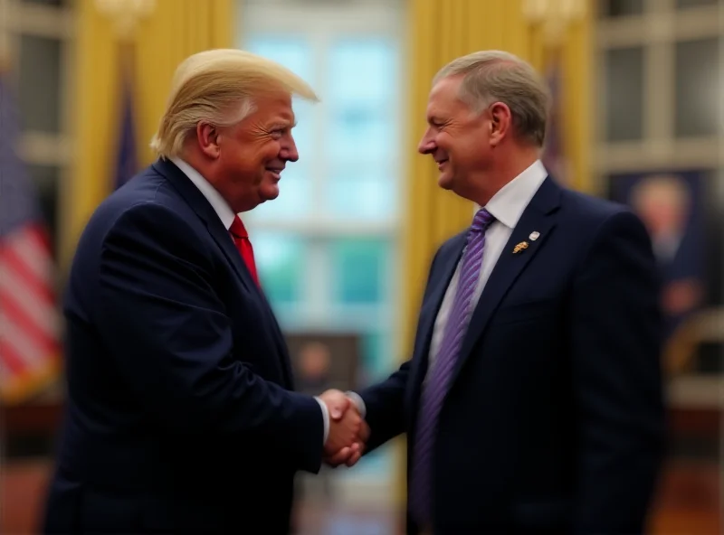 Donald Trump and Volodymyr Zelensky shaking hands in a formal setting