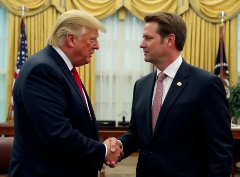 Donald Trump and Volodymyr Zelensky shaking hands in the Oval Office, looking serious.