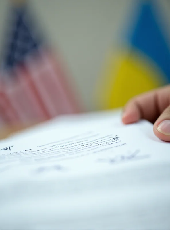 A close-up of a signed document with the American and Ukrainian flags blurred in the background.