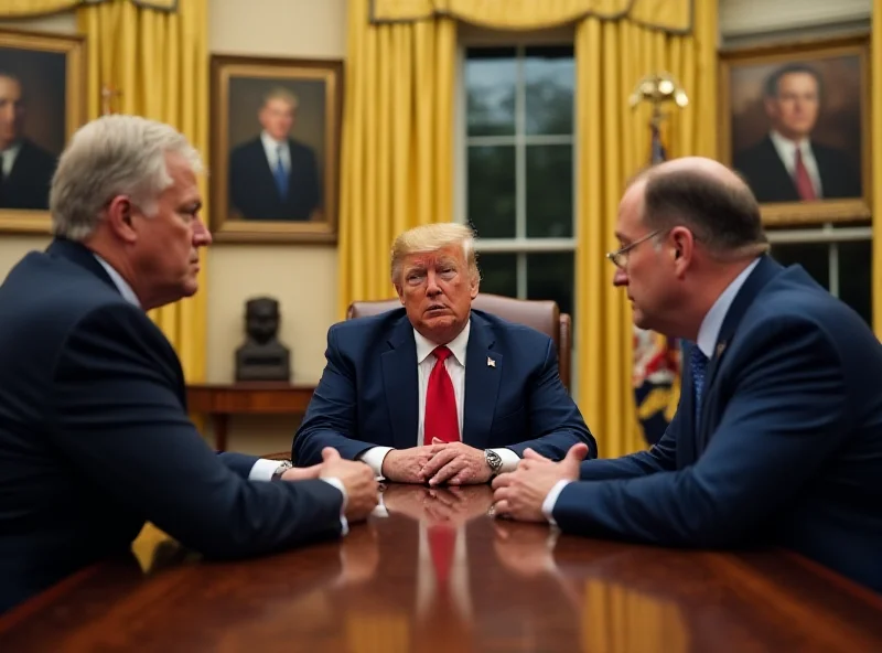 Donald Trump and Volodymyr Zelenskyy sitting across from each other at a large table in the Oval Office, looking serious. JD Vance is sitting nearby, observing the interaction.