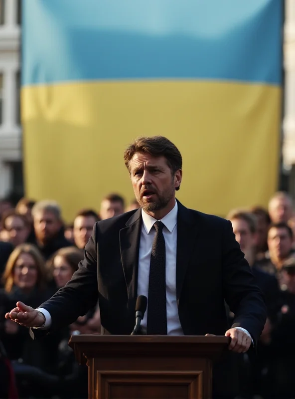 Volodymyr Zelenskyy standing at a podium with the Ukrainian flag behind him, addressing a crowd of people in a European city. He looks determined and confident.