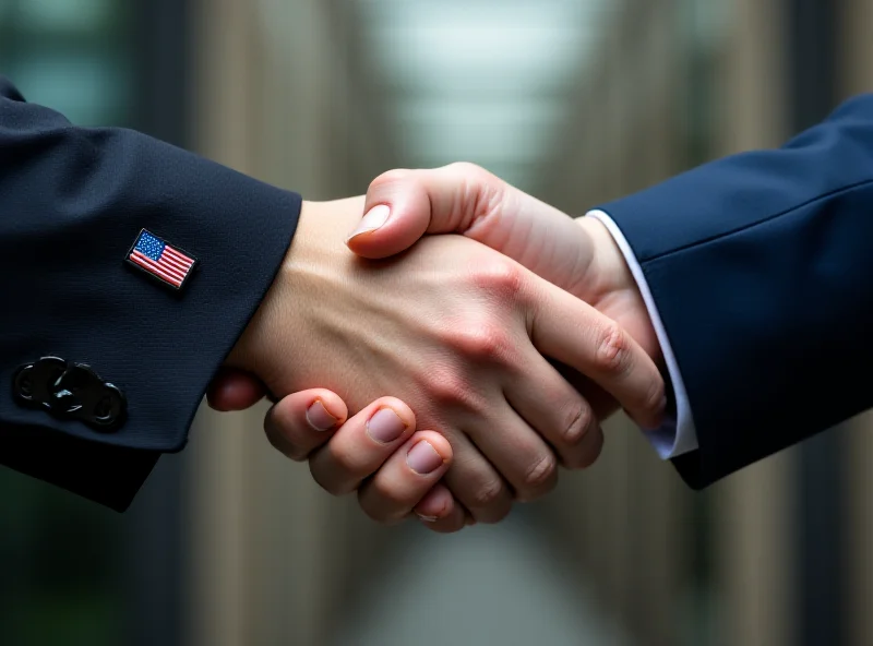 A handshake between two officials, one representing the United States and the other representing Ukraine, symbolizing a potential minerals deal. The background is blurred, focusing on the handshake.