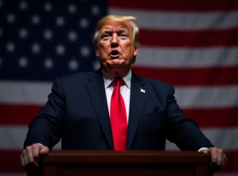 Donald Trump speaking at a podium with the American flag in the background.